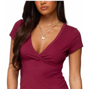 Edikted Wine Wrap V-Neck Short Sleeve Tee